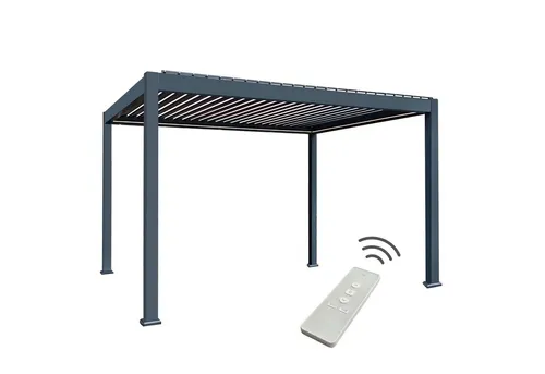 Elektrisch verstellbare Lamellen-Pergola 4x3m | Bioclimatic Lamellendach in Anthrazit - Pavillon mit stufenlos verstellbaren Lamellen für optimale Licht- und Wetterschutzkontrolle. Robuste, rostfreie Voll-Aluminium Konstruktion und integrierte Regenrinne für langlebige Nutzung.