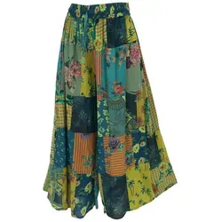 Guru-Shop Relaxhose Patchwork Hose - Weite Boho Sommerhose in Grün, Größe S - Luftige Boho Hose aus 100% Viskose, ideal für entspannte Sommertage. Bequemer Schnitt und farbenfrohes Patchwork-Design sorgen für einen lässigen Look.