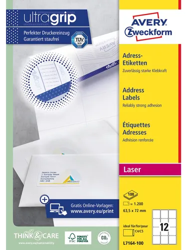 Avery UltraGrip Adressetiketten für große Umschläge - Weiß, 63.5 x 72 mm, 1200 Etiketten auf 100 Bögen - ideal für präzises Adressieren und professionelle Präsentation.
