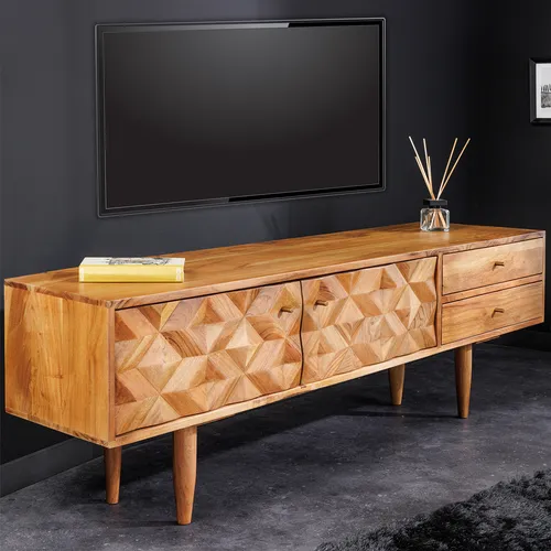 Riess Ambiente Massivholz TV Lowboard Alpine 145cm - TV-Halterungen für ein stilvolles Wohnzimmer, handgefertigte Mosaik-Oberfläche und viel Stauraum dank zwei Schubladen und Türen - das perfekte Retro-Design!