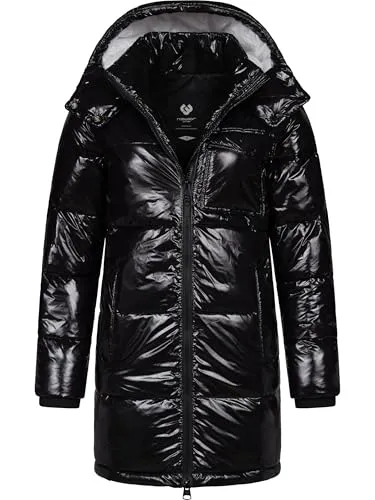 Ragwear Warmer Damen Wintermantel Roobie Long YOUMODO Black Gr. XL - Funktionsjacke mit wasserabweisendem Material, elegantem Schimmer und abnehmbarer Kapuze, ideal für kalte Wintertage und stylische Outfits.
