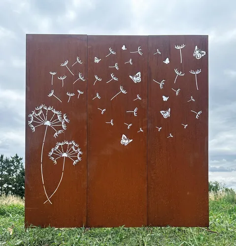 Edelrost 3er Sichtschutz Motiv Pusteblume mit Samen und Schmetterling 165 cm x 150 cm Paravent zum Stecken Schild Gartenstecker Edelrost Gartendeko