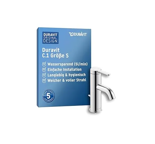 Duravit C.1 Waschtischarmatur, Größe S (Auslauf Höhe 66 mm), Wasserhahn Bad mit Zugstangen-Ablaufgarnitur, Waschbecken Armatur mit Keramikkartusche, Chrom
