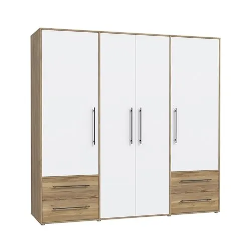 FORTE Jupiter Schrank 200 210 - 4-türiger Kleiderschrank in Weiß mit Mauvella Eiche Dekor, bietet praktischen Stauraum und einfache Montage für ein aufgeräumtes Schlafzimmer.