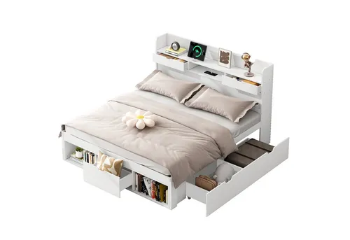 Odikalo Stauraumbett Doppelbett Jugendbett mit USB,Schublade,Stauschrank (140x190 140x200 180x200 cm, Mit USB-port & Schubladen & Stauschrank, Kinderbett, Jugendbett, Multifunktionales Bett, Großer Stauraum, ohne Matratze, weiß)