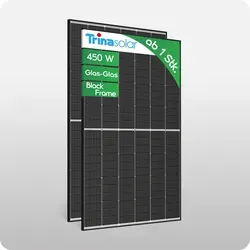 Trina Solar Vertex S+ 450W Doppelglas Black Frame - Hocheffizientes Solarpanel mit bis zu 450 Watt Leistung und kompaktem Design. Langlebig dank fortschrittlichem Doppelglas und 25 Jahren Produktgarantie. Ideal für verschiedene Installationsbedingungen.