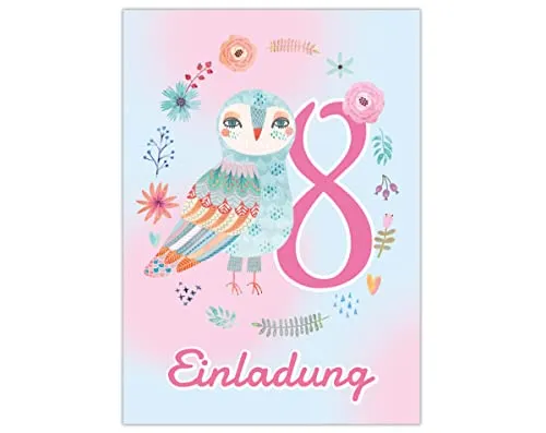 Junapack 12 Einladungskarten zum 8. Kindergeburtstag Einladung zum achten Geburtstag Mädchen Eule