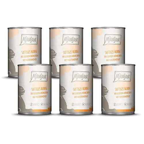 MjAMjAM - Premium Nassfutter für Katzen - Huhn mit Möhrchen, 6er Pack (6 x 400 g) - MjAMjAM bietet getreidefreies, hochwertiges Nassfutter mit hohem Fleischanteil. Ideal für die artgerechte Ernährung Ihrer Katze, aus regionalen Zutaten und mit geprüfter Qualität.