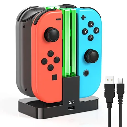 FYOUNG Switch Controller Ladestation Kompatibel mit Nintendo Switch1 / OLED Joy Con, Quad Switch Ladestation Zubehör Charger für Joycon Kontroller Ladegerät mit USB C Ladekabel - Schwarz