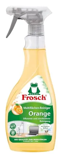 Frosch Orange Multiflächenreiniger 500 ml - Reinigungsmittel für alle glatten Oberflächen mit Orangenauszügen, hinterlässt einen frischen Duft und ist frei von Microplastik. Ideal für Glas, Holz, Kunststoff und elektronische Geräte.