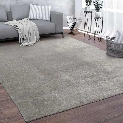 Paco Home Teppich Wohnzimmer Kurzflor Waschbar - Moderner kurzfloriger Teppich in Grau, 140x200 cm, weich und rutschfest. Ideal für Wohnzimmer, pflegeleicht und Fußbodenheizung geeignet.