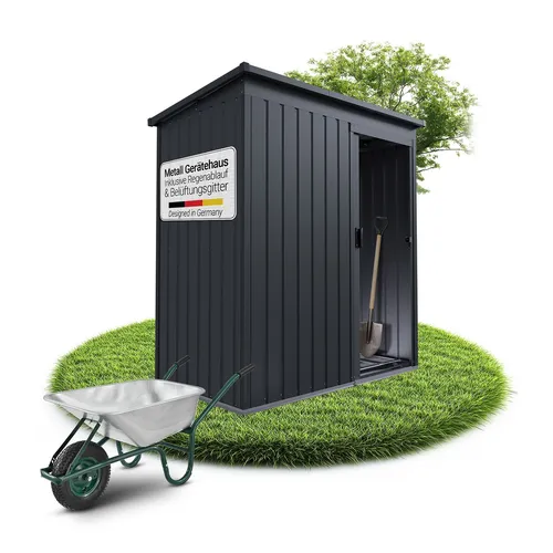 Juskys Metall Geräteschuppen S – Dunkelgrau, wetterfest & abschließbar - Gartenhäuser: Modernes Metall Gerätehaus S mit Pultdach, wetterfest und ideal zur sicheren Aufbewahrung von Werkzeugen und Gartengeräten.