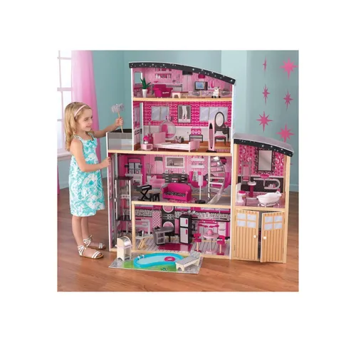KidKraft Sparkle Mansion Puppenhaus aus Holz - Puppenhaus mit 4 Stockwerken und 6 Zimmern, inklusive Pool und Aufzug – ideal für kreatives Spiel ab 3 Jahren.