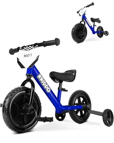 KRIDDO 2-in-1 Kinder Dreirad und Laufrad ab 2 Jahren, mit abnehmbare Pedalen, einklappbare Stützräder und individualisierbarem Schild, Fahrspaß-Spielzeug für 18 Monate bis 3 Jahre, Blau
