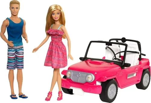 Barbie CJD12 - Beach Cruiser, pinkes Strand Auto mit Barbie und Ken Puppe, Puppenzubehör, ab 3 Jahren