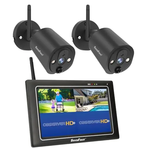 SecuFirst 2K Überwachungskamera Aussen mit Innen Monitor - Überwachungskamerasystem mit 7" Touchscreen, 2 wetterfesten Kameras und KI-Bewegungserkennung - ideal für die Sicherheit von Zuhause und Gewerbe, ohne WLAN erforderlich.
