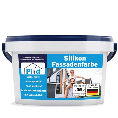 Silikonharz Fassadenfarbe mit Lotuseffekt - 10 Jahre Langzeitschutz, Weiß - Kategorie: Fassadenfarbe, bietet 10 Jahre Langzeitschutz, schmutzabweisend und UV-beständig, ideal für langlebige Außenanstriche.