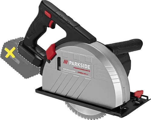 PARKSIDE PERFORMANCE® 20 V Akku-Metallhandkreissäge PPMSA 20-Li A1 - Handkreissäge für präzise und kraftvolle Metallschnitte, ideal für Aluminium und Stahl. Mit bürstenlosem Motor für lange Lebensdauer und stufenlos einstellbarer Schnitttiefe.