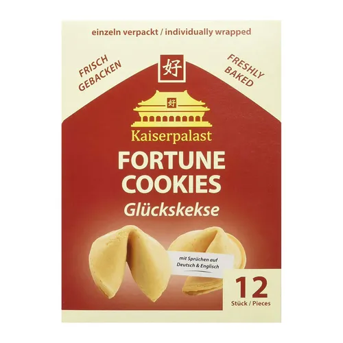 Kaiserpalast Glückskekse, knuspriges Süßgebäck mit Sprüchen - Entdecken Sie die knusprigen Glückskekse mit witzigen Sprüchen auf Deutsch und Englisch. Ideal als süßer Abschluss für Feiern oder zum Teilen mit Freunden – eine leckere Überraschung in jedem Keks!