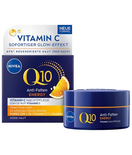 Nivea Nachtcreme Q10 Energy Anti-Falten Nachtpflege 50ml Feuchtigkeit, straffend Packung, 1-tlg., 50 ml