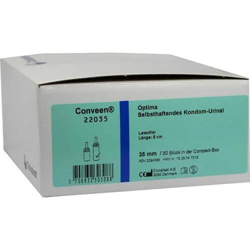 Conveen Optima Kondom Urinal 8cm 35mm - 30 St - Inkontinenzeinlagen mit hoher Tragekomfort durch atmungsaktives Silikon und einfache Anwendung dank doppeltem Abrollstreifen. Kompakte Box für diskrete Aufbewahrung.