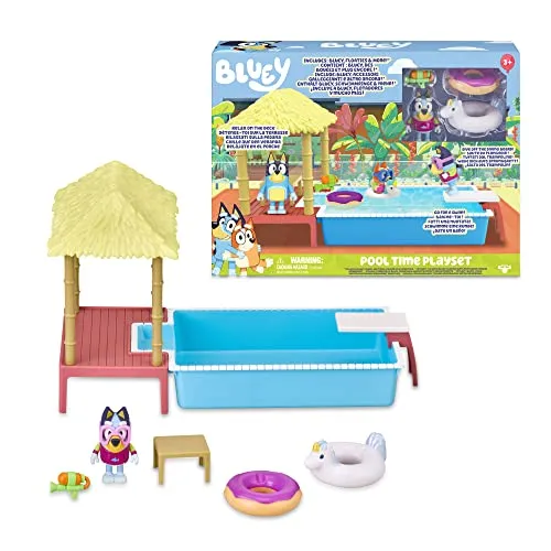Bluey Playset Pool Time, Pool, Spielzeug-Set komplett mit 1 Mini-Figur-Zubehör, ideal für die Vervollständigung des Hauses, Jungen und Mädchen ab 3 Jahren, Berühmte (BLY22000)