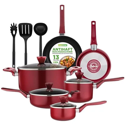 NutriChef Pfannenset & Topfset 13-teilig – Antihaft Kochtopf Set - Topf- & Pfannensets: 13-teiliges Set mit langlebiger Antihaftbeschichtung, ergonomischen Griffen und hitzebeständigen Utensilien, ideal für alle Kochfelder.