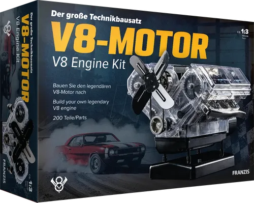 FRANZIS 67114 - Technikbausatz V8-Motor im Maßstab 1:3 mit Soundmodul, transparentem Motorblock und detaillierter Anleitung für spannende Modellbauerlebnisse