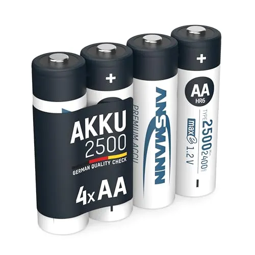 ANSMANN AG Akku AA 2500mAh Mignon NiMH 1,2V - 1000x wiederaufladbar - Kamera-Akkus mit hoher Kapazität und geringer Selbstentladung, ideal für Geräte mit hohem Stromverbrauch. Bis zu 1000x wiederaufladbar, umweltfreundlich und schnelladefähig.