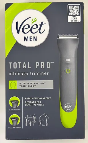 Veet Men Intimate Trimmer - Intimrasierer für Männer - Körperhaartrimmer für sichere Haarentfernung im Intimbereich, Gesicht und an den Achseln. Mit innovativer SafetyShield-Technologie, wasserfest und leistungsstark für bis zu 60 Minuten Einsatz.