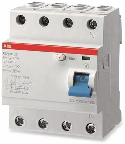 ABB FI-Schutzschalter F204-25 - 25A, 4-polig, 0,03A, zuverlässiger Schutz vor Fehlerströmen für maximale Sicherheit