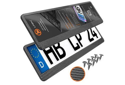 L & P Car Design Kennzeichenhalter in Carbon Optik (2 Stück) - Hochwertige Kennzeichenhalter in Carbon Optik, waschanlagenfest und UV-beständig. Ideal für EU-Kennzeichen, langlebig durch Hot Stamping. Einfache Montage ohne Bohren!