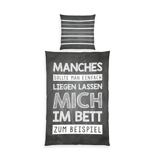 Herding Jugendbettwäsche Sprüche, 135x200 cm - Pflegeleichte Kinderbettwäsche in Grau, Schwarz und Weiß, aus hochwertigem Renforcé-Gewebe, ideal für fantasieanregende Träume und allergikergeeignet nach Oeko-Tex® Standard 100.