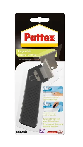 Pattex Fugenhai - Handlicher Fugenkratzer für Sanitärbereich - Dichtmittelentferner – Ideal zum mühelosen Entfernen alter Silikonfugen und Dichtstoffreste, ohne die Umgebung zu beschädigen. Inklusive Ersatzklinge für langanhaltenden Einsatz.