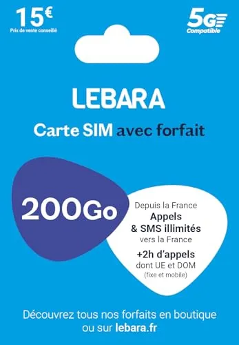 Lebara SIM, unbegrenzte Anrufe und SMS Frankreich + 50 GB in 5G + 2 Stunden in 43 Ländern, sofort einsatzbereit