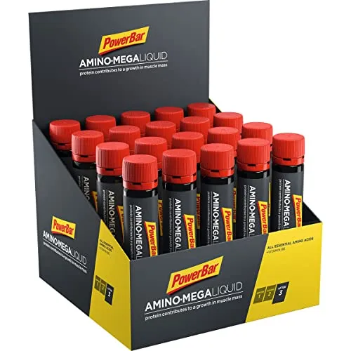Powerbar Amino Mega Liquid Ampullen 20x25ml - Hochwertige Aminosäuren - Verzweigtkettige Aminosäuren (BCAA) mit hochwertigem Molkeneiweißhydrolysat und allen essentiellen Aminosäuren. Ideal zur Unterstützung der Muskelregeneration und Leistungssteigerung.