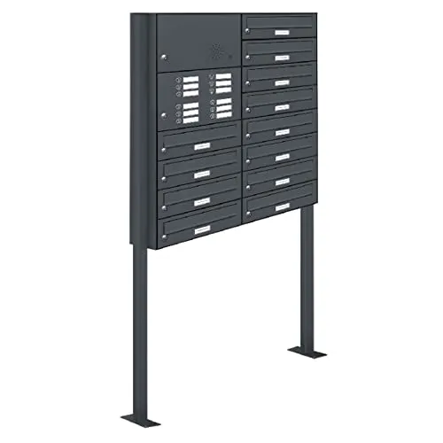 AL Briefkastensysteme 12er Standbriefkasten in Anthrazitgrau RAL 7016 - Moderne 12-Fach Briefkastenanlage mit Klingel und lebenslanger Garantie gegen Durchrostung, ideal für Mehrfamilienhäuser.