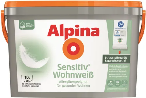 Alpina Sensitiv Wohnweiß 10 L - Hochwertige Innenfarbe, allergikerfreundlich und geruchsarm, ideal für ein gesundes Raumklima