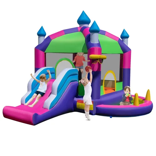 Costway Hüpfburg - 5-in-1 Spielspaß für Kinder - Outdoor Spielzeug mit Sonnendach, inklusive Rutsche, Ozeanball-Pool und Basketballkorb für sicheres und abwechslungsreiches Spielen im Garten.