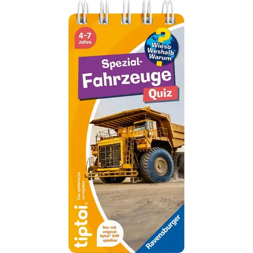tiptoi Wieso? Weshalb? Warum? Quiz - Spezialfahrzeuge für Kinder - Entdecke spannende Spezialfahrzeuge mit dem tiptoi Quiz! Fördert spielerisch Wissen und Neugier bei Kindern von 4 bis 7 Jahren. Ideal für lehrreiche Stunden voller Spaß! Das perfekte Lesespiel.