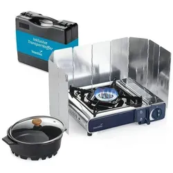 Skandika Gaskocher Brann | Robuster Campingkocher mit Piezo-Zündung - Robuster 1-flammiger Campingkocher mit Piezo-Zündung für einfache Handhabung. Im Set mit antihaft-beschichtetem Topf und Windschutz. Ideal für unterwegs und leicht zu transportieren.