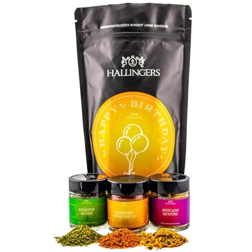 Hallingers Genuss Manufaktur Feinkost Geburtstagsgeschenk-Set - wertig in der Wundertüte "Happy Birthday ..." kleiner Geburtstagsgruß mit 3 Gewürzen Kräuter, Ei & Avocado, Geschenke für Frauen Männer