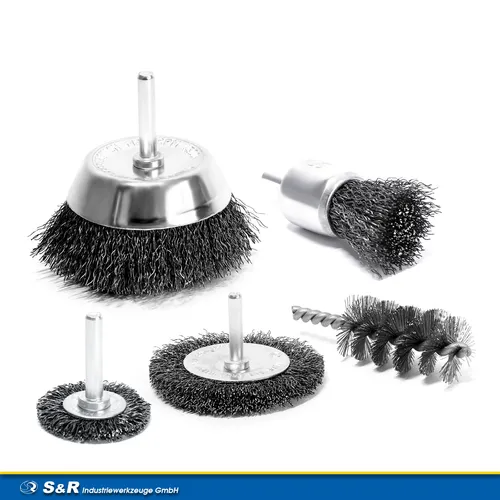 S R Drahtbürste Set für Bohrmaschinen - 5-teiliges Set mit Rund-, Topf-, Pinsel- und Zylinderbürste, ideal zum Entrosten und Schleifen von Oberflächen
