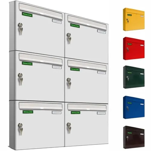 AL Briefkastensysteme Basic 6er Briefkasten RAL 9016 Verkehrs Weiss 6 Fach DIN A4 wetterfest Briefkastenanlage mit Posthaltebügel und 2 Namensschildern