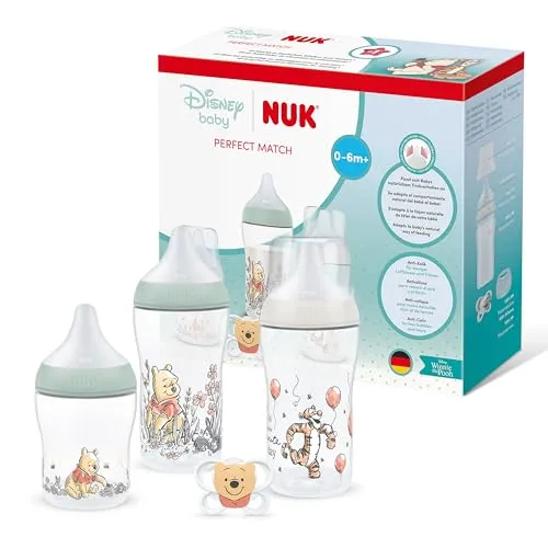 NUK Perfect Match Babyflaschen & Schnuller-Set | 0–6 Monate | 4-teilig - Praktisches Babypflege-Set mit 3 Anti-Kolik-Flaschen und einem kiefergerechten Schnuller. Ideal für die natürliche Ernährung und sanft zur empfindlichen Haut. Vertraute Qualität für glückliche Babys.