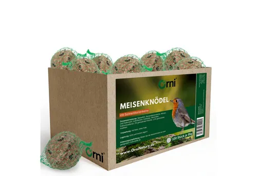 Orni 100 Stück Meisenknödel mit Netz | 95g | Leckere Ganzjahresknödel für heimische Wildvögel - Hochwertiges Vogelfutter: Die 100 Meisenknödel sind ideal für die ganzjährige Fütterung von Wildvögeln. Mit Sonnenblumenkerne und wertvollen Nährstoffen ziehen sie viele heimische Arten an und bieten eine schmackhafte Nahrungsquelle.