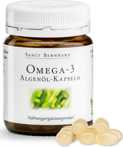 Sanct Bernhard Omega-3 Algenöl-Kapseln – 60 vegane Weichkapseln - Nahrungsergänzung mit 650 mg pflanzlichem Omega-3-Öl aus Mikroalgen pro Kapsel. Ideal für Veganer zur Unterstützung einer ausgewogenen Ernährung.