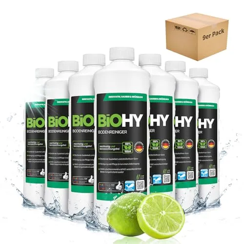 BiOHY Bodenreiniger (9 x 1 Liter) | Bio Konzentrat für streifenfreie Reinigung - Bio Bodenreiniger für alle Hartböden, schnelltrocknend und schaumarm. Ideal für Laminat, PVC & Stein, reduziert Wiederverschmutzung und sorgt für eine nachhaltige Reinigung.