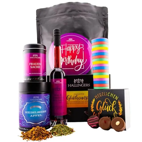 Hallingers Genuss Manufaktur Feinkost Geburtstagsgeschenk-Set - XXL-Wundertüte "Happy Birthday ..." großer Geburtstagsgruß Essig, Gewürz, Eistee, Pralinen, Schokolade & mehr, Geschenke für Frauen