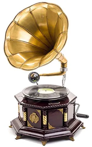 Antikes Trichtergrammophon 70cm - Dekorationsobjekt im antiken Stil, aus Holz und Messing gefertigt, ideal für Kunstliebhaber und Sammler.
